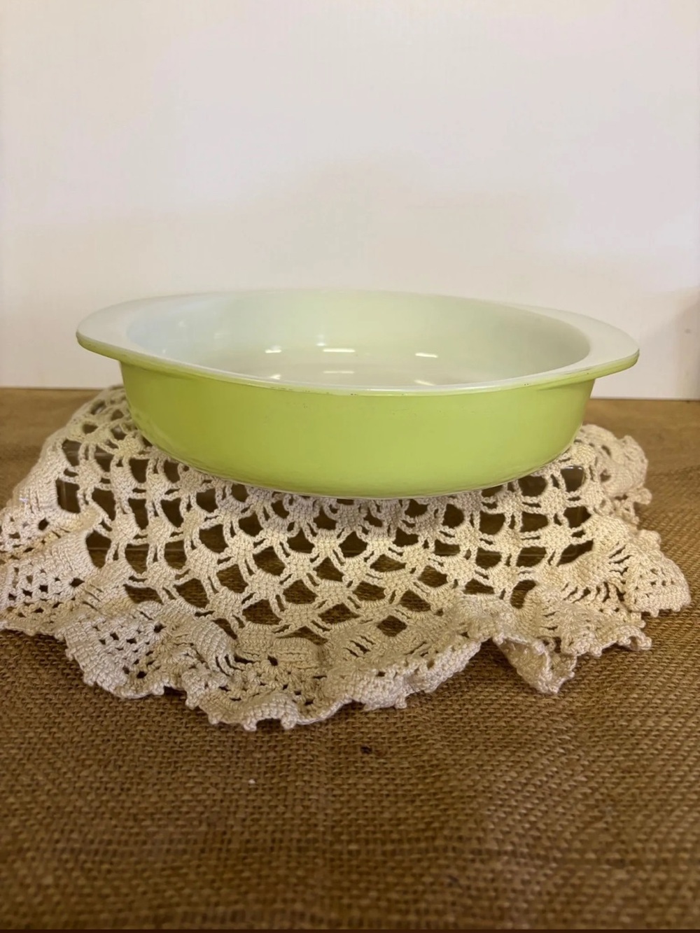 PYREX #221, Vintage 50’s Lime Green Milk Glass, 8” round cake pan